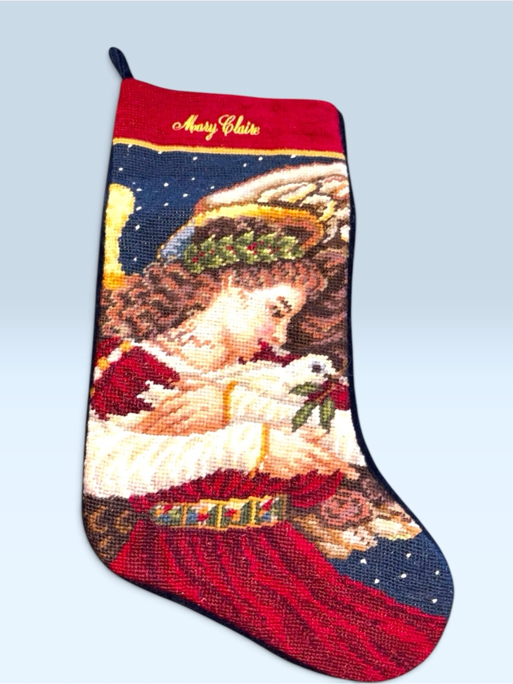 Vintage Needlepoint Wool Angel Christmas Stocking and Blue Velvet 16”